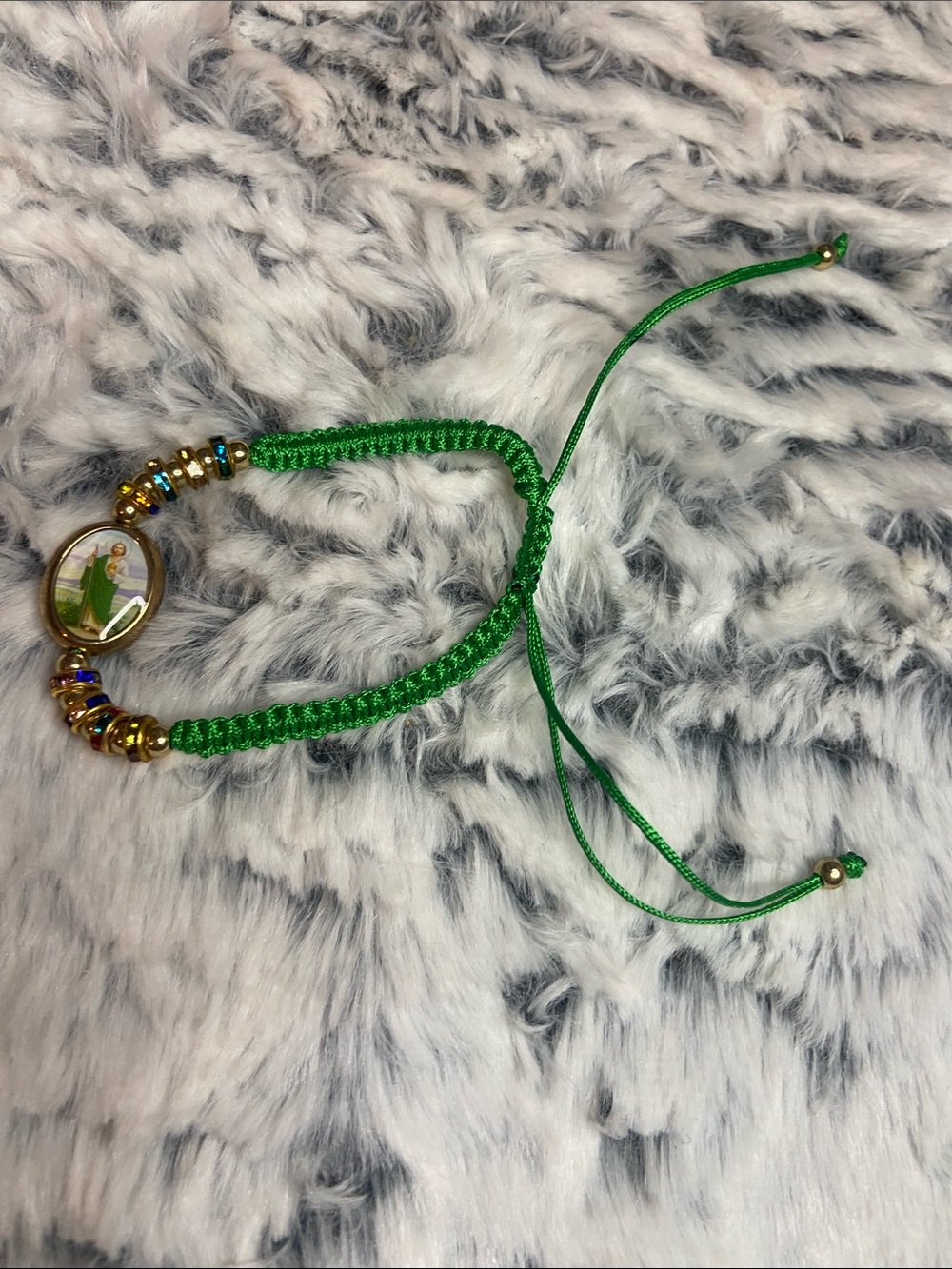 Green Braided Cord Religious Medal Bracelet with Gold Beads